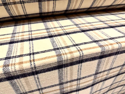 Wool flannel fabric, per metre - plaid check - cream navy & beige