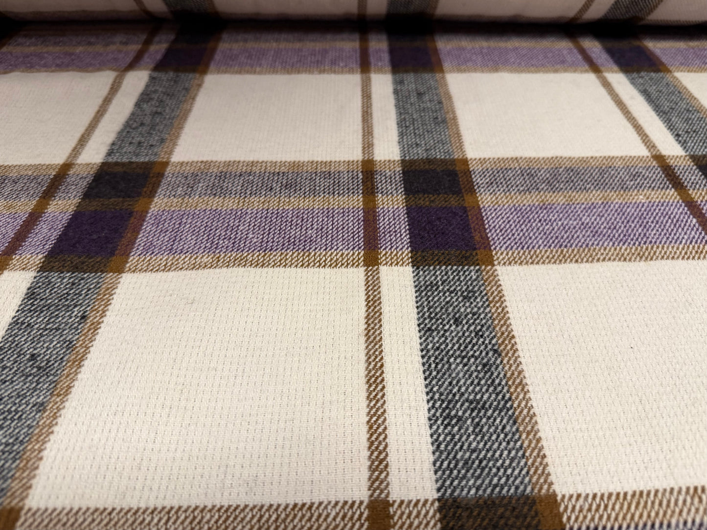 Heavyweight wool coat jacket fabric, per metre - yarn dyed plaid - cream purple & brown