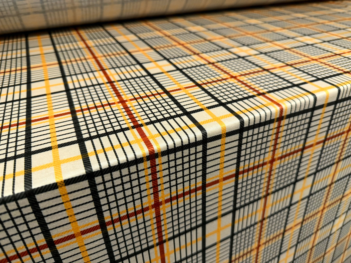 Soft handle single jersey fabric, per metre - check print - cream mustard & red