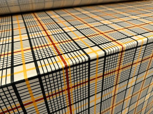Soft handle single jersey fabric, per metre - check print - cream mustard & red