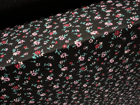 Viscose spandex stretch single jersey fabric, per metre - ditsy flower print - black & pink