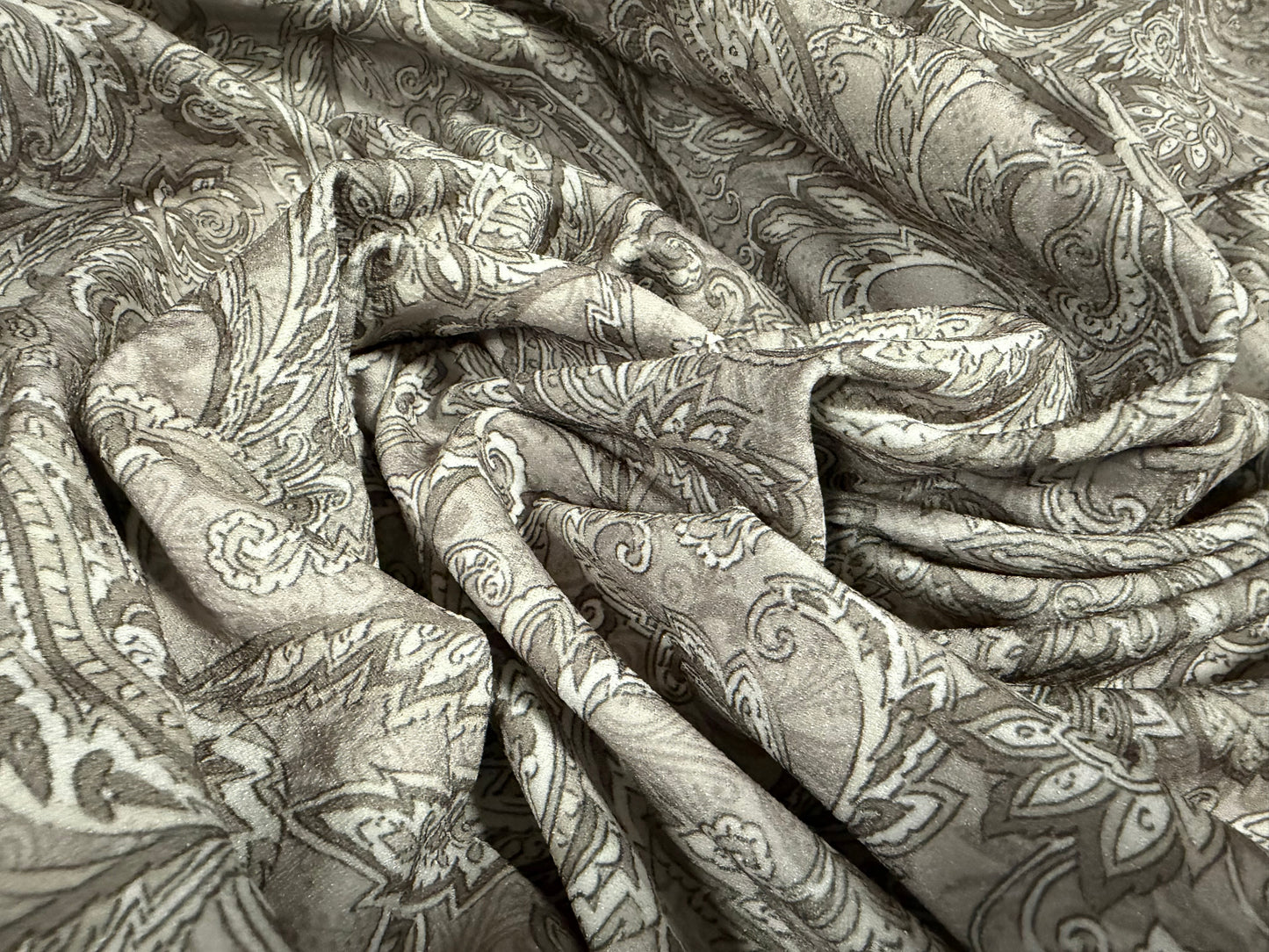 Super stretch crepe spandex double jersey fabric, per metre - paisley print - sage grey