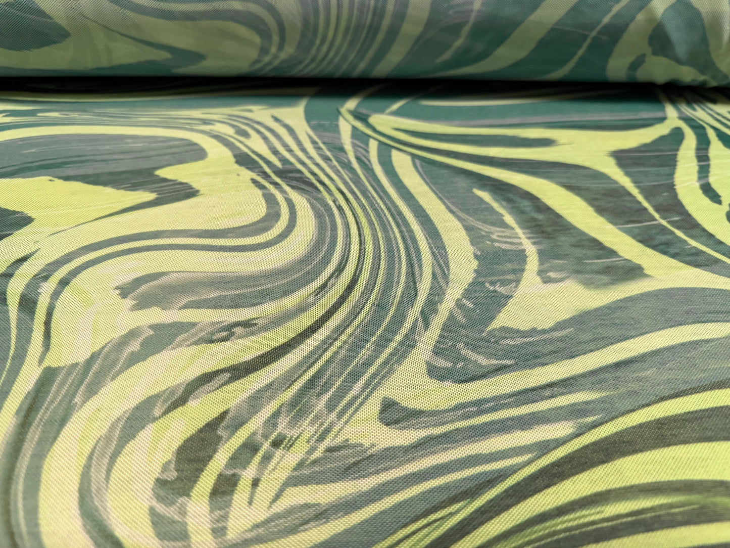 Power mesh net stretch spandex fabric, per metre - swirl print - olive & sage green