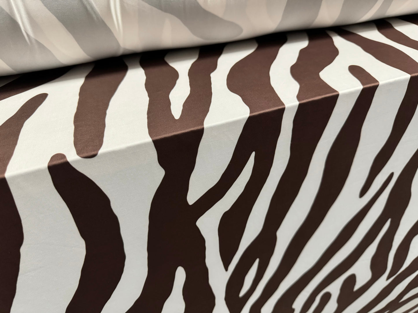 Soft touch stretch spandex single jersey fabric, per metre - jumbo zebra animal print - white & chocolate brown