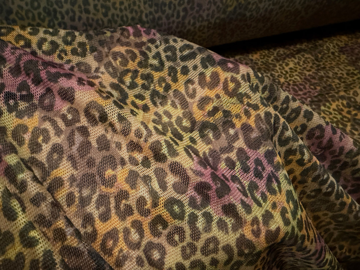 Power mesh net stretch spandex fabric, per metre - cheetah animal print - pink orange & green
