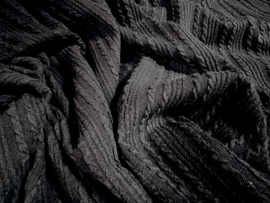 Cable knit stretch spandex rib jersey fabric, per metre - black