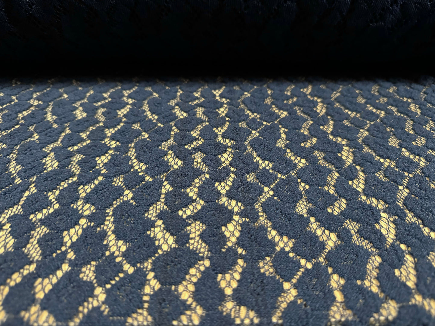 Flocked lace dress fabric, per metre - floral pattern - dark navy blue