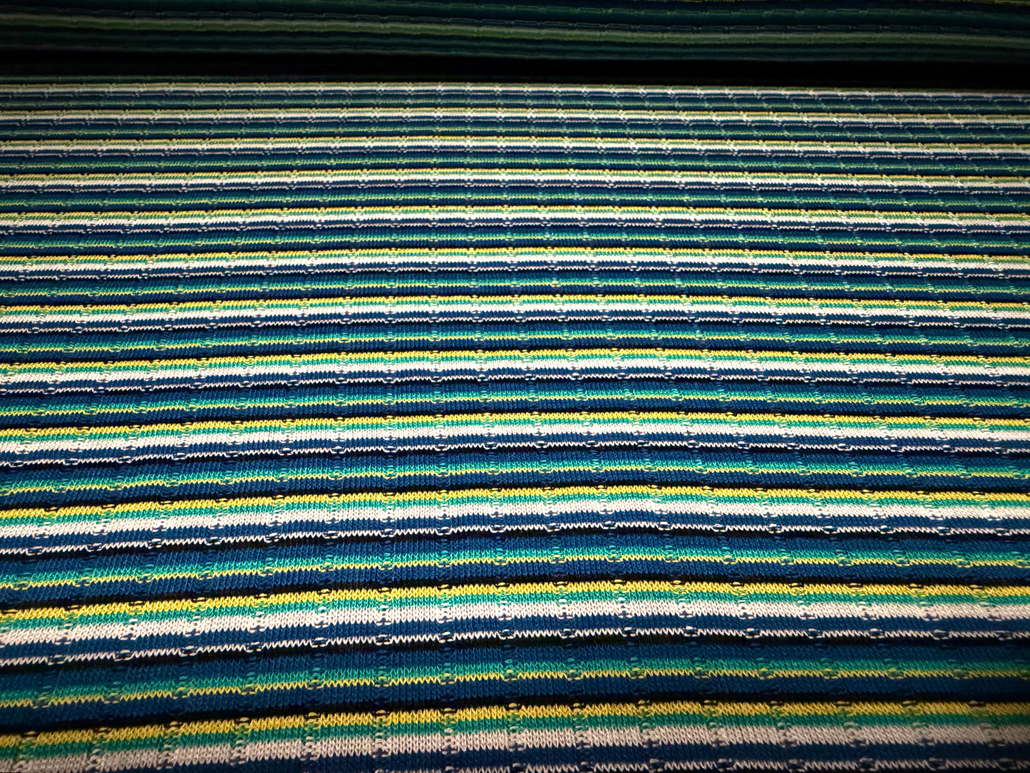 Ribbed knitwear fabric, per metre - stripes - jade green, blue & yellow