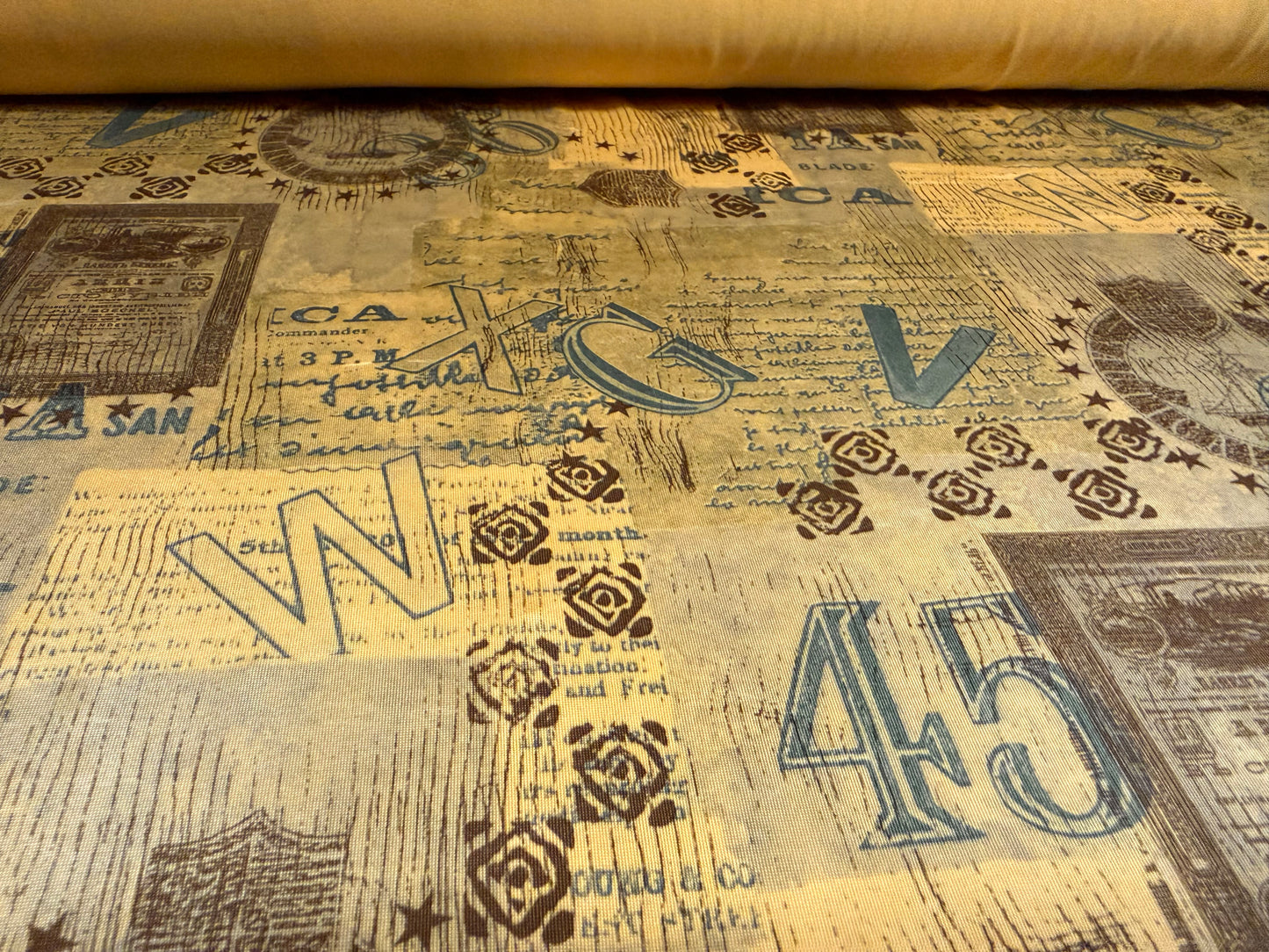Stretch spandex jersey fabric, per metre - letters numbers & signs print - mustard