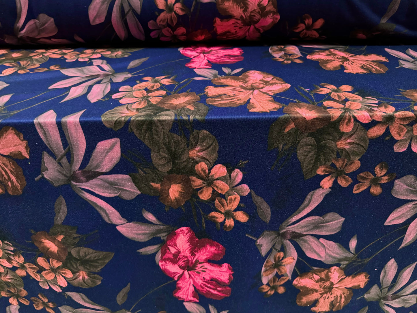 French Terry loopback sweatshirt jersey fabric, per metre - orchid floral print - navy blue & pink