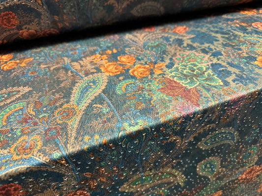 Broderie anglaise stretch spandex jersey fabric, per metre - paisley rose print - denim blue & amber