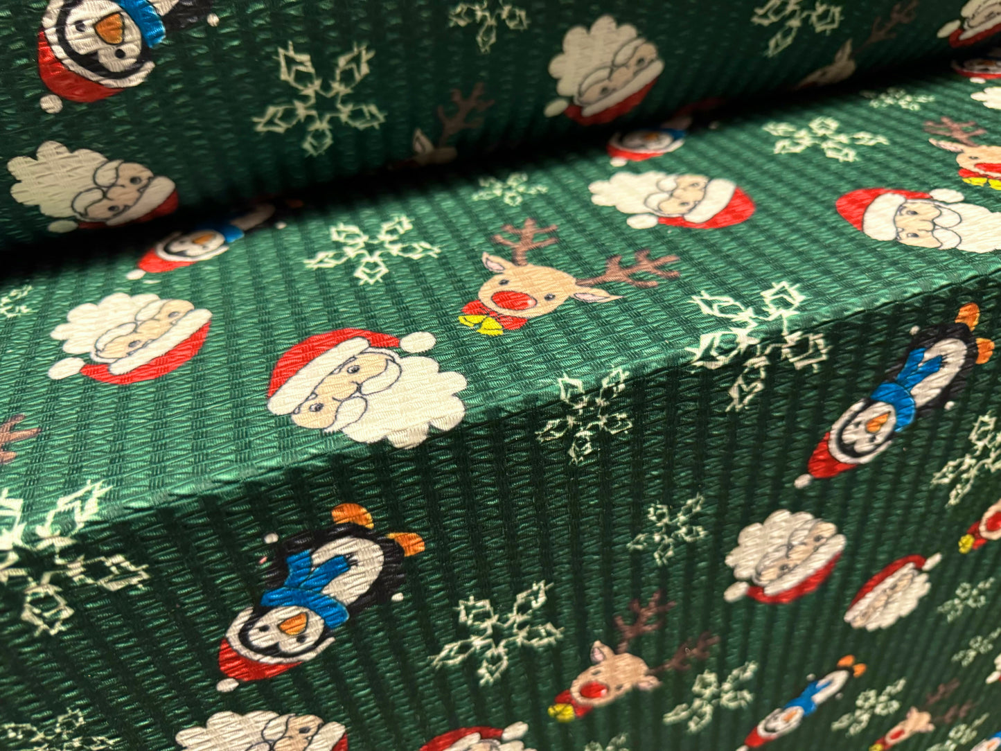 Stretch spandex jacquard jersey fabric, per metre - Santa Claus & Reindeer Christmas print - bottle green