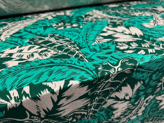 Viscose spandex stretch jersey fabric, per metre - palm leaves print - jade green