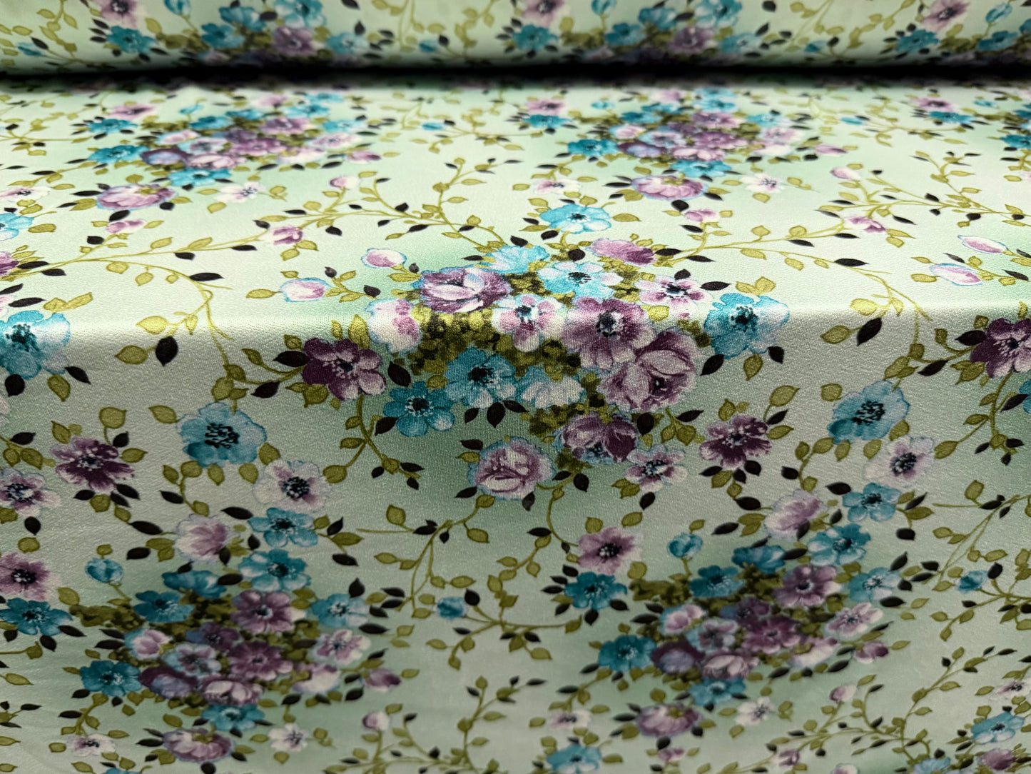 Stretch spandex crepe single jersey dress fabric, per metre - floral print - mint & violet