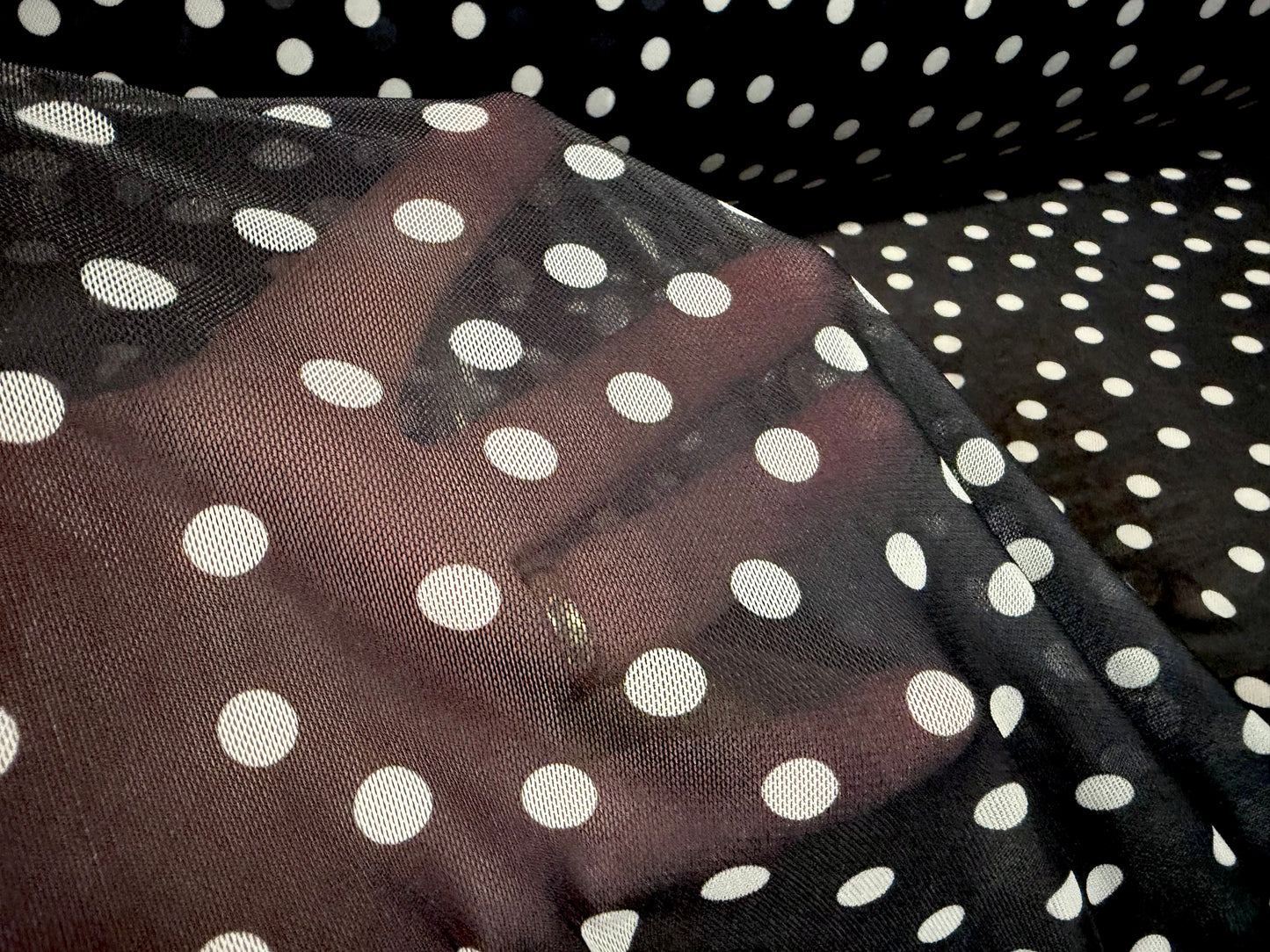 Power mesh net stretch spandex fabric, per metre - polka dot print - black & white