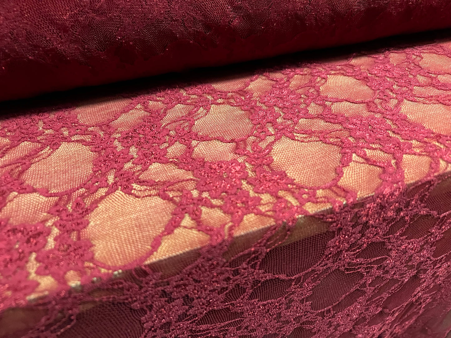 Stretch spandex mesh lace net fabric, per metre - floral - redcurrant