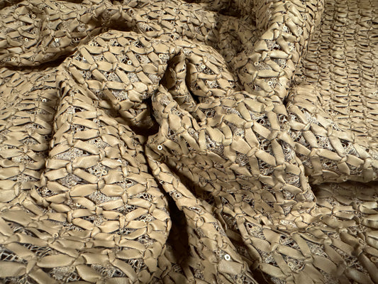 Couture p.u. coated lace fabric with bows & sequins, per metre - floral - alpine
