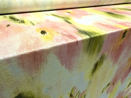 Thick & thin stretch spandex single jersey fashion fabric, per metre - stylised poppy print - pastel pink & green