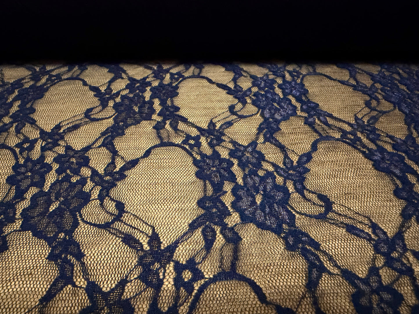 Stretch spandex mesh lace net fabric, per metre - floral - dark navy blue