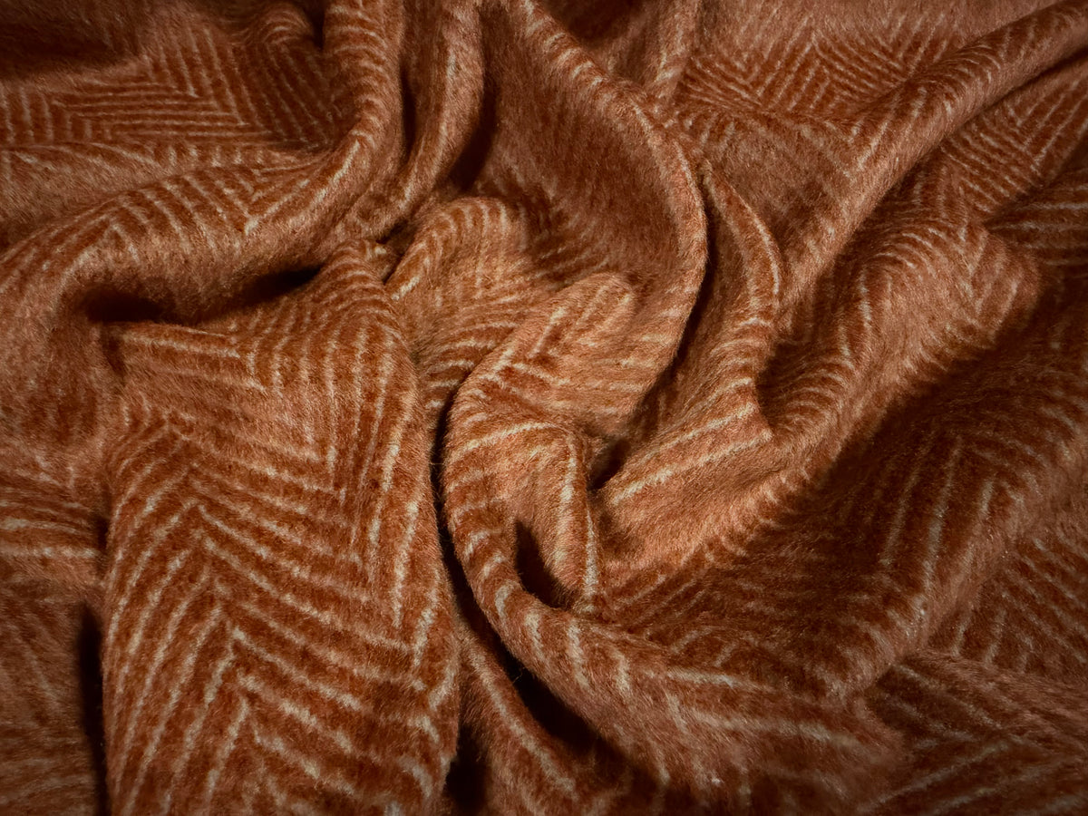 Heavyweight wool flannel coat jacket fabric, per metre - herringbone - rust