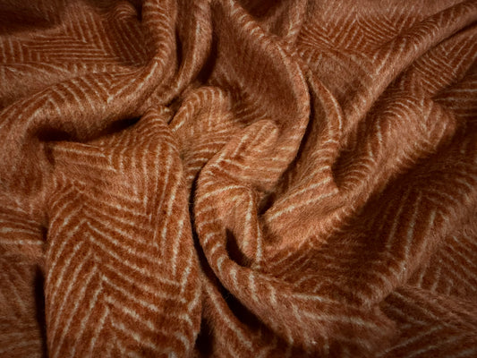 Heavyweight wool flannel coat jacket fabric, per metre - herringbone - rust