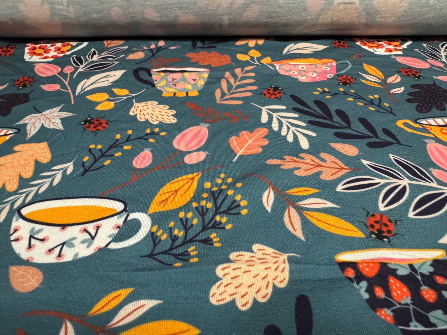 Soft handle stretch single jersey fashion fabric, per metre - teacups print - blue grey