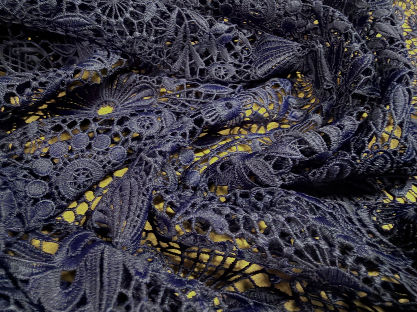 Cutwork embroidered couture lace dress fabric with decorative border, per metre - floral - navy