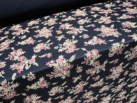 Viscose spandex stretch single jersey fabric, per metre - floral bouquet print - navy blue & pink