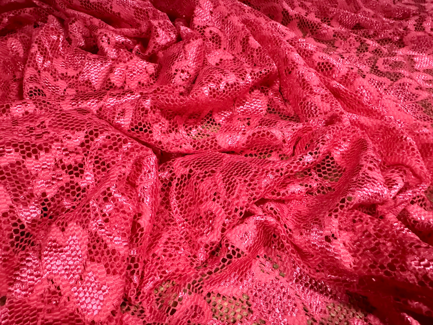 Stretch lace dress fabric, per metre - scalloped selvedge - floral - London pink