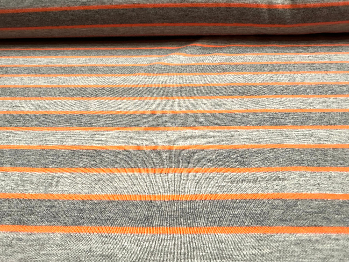 Viscose spandex stretch single jersey fabric, per metre - stripes - orange & grey marl