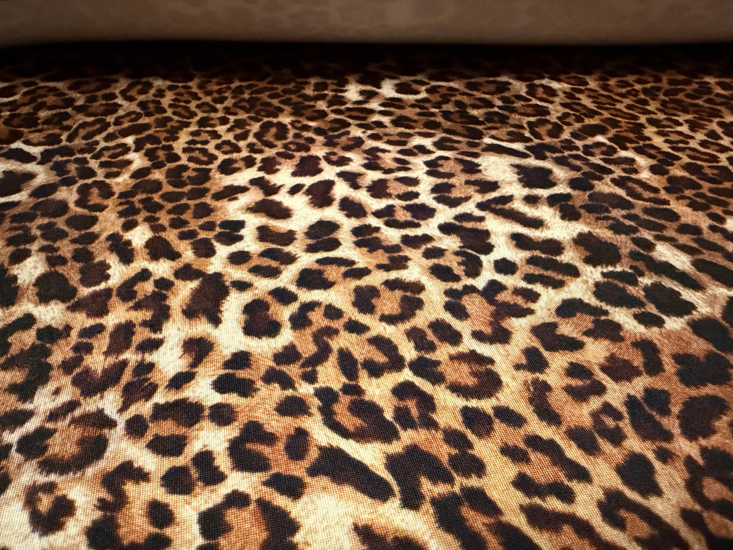 Soft touch stretch spandex single jersey fabric, per metre - leopard print - brown gold & cream