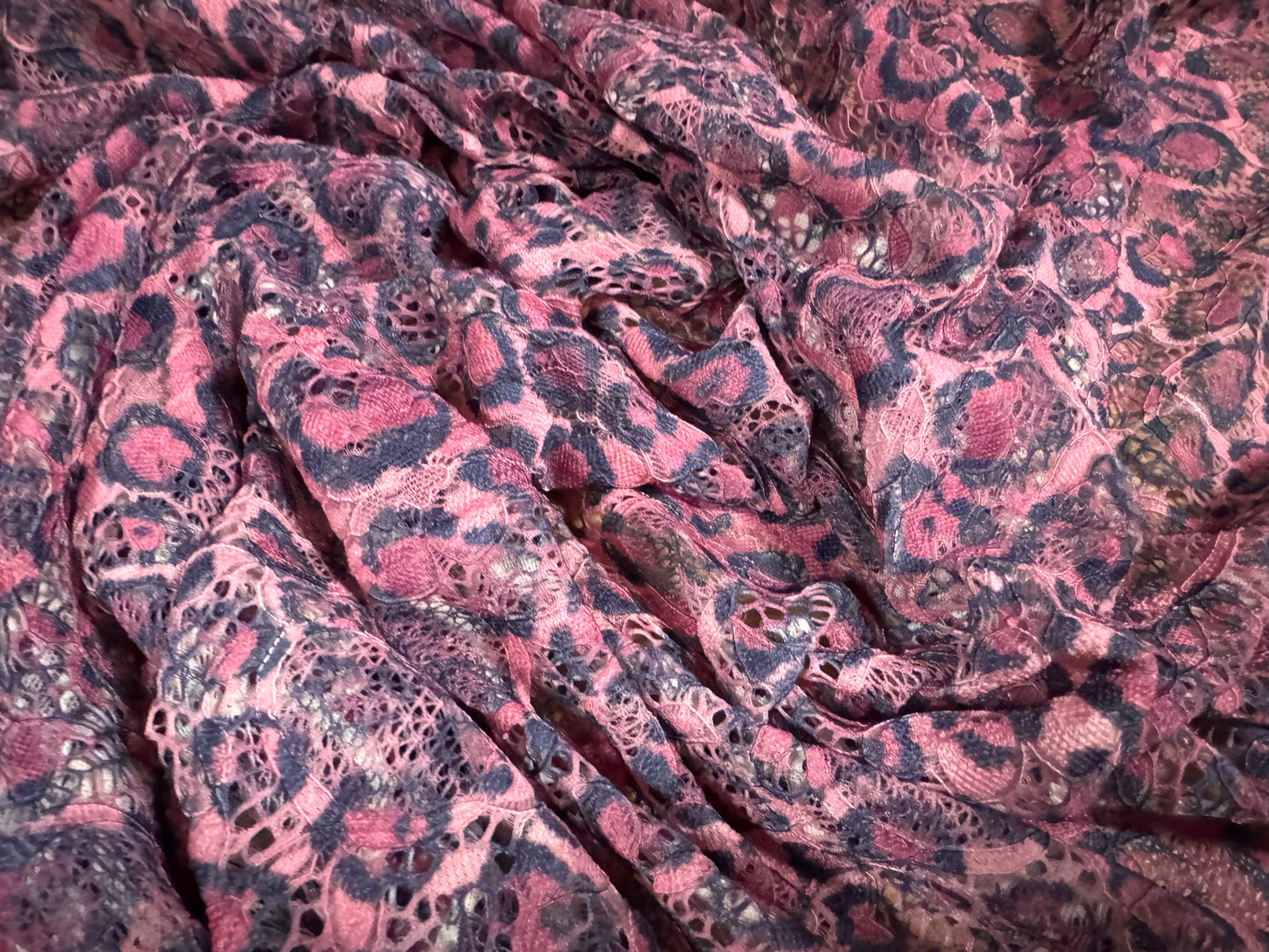 Stretch lace dress fabric with scalloped selvedge, per metre - cheetah animal print - fuchsia pink