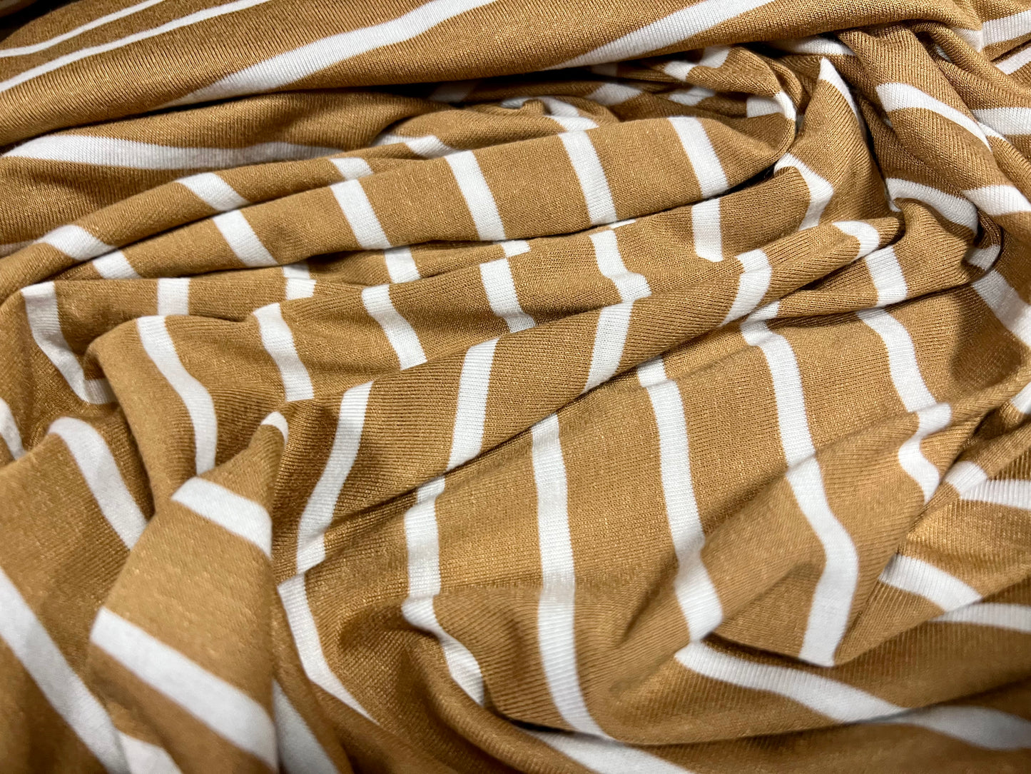 Viscose spandex stretch single jersey fabric, per metre - stripe - toffee & white