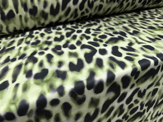 French Terry loopback sweatshirt jersey fabric, per metre - leopard smudge print - sage green