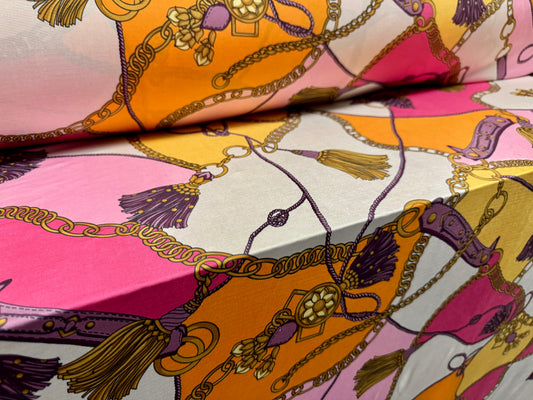 Soft touch stretch spandex single jersey fabric, per metre - tassels and chains print - pink gold & cream