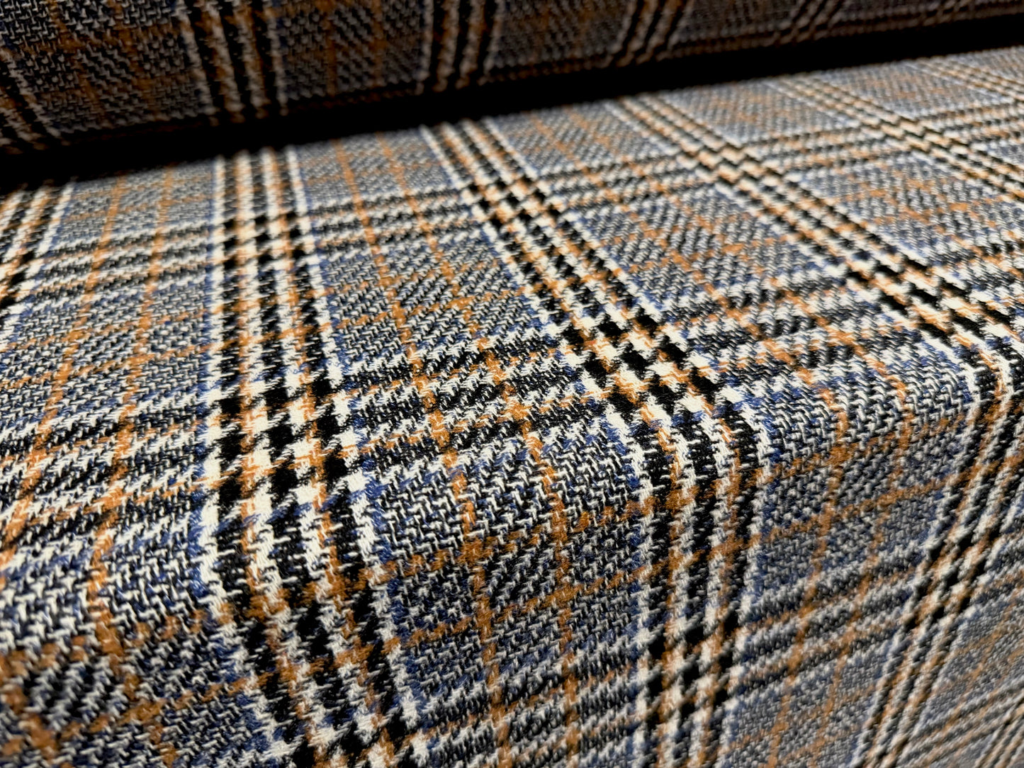 Wool tweed fabric, per metre - plaid check - denim blue & caramel