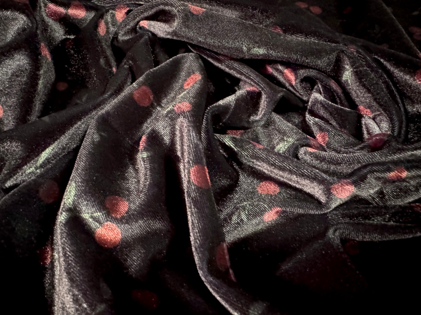 Spandex velvet stretch dress fabric, per metre - cherry print - black & dark red