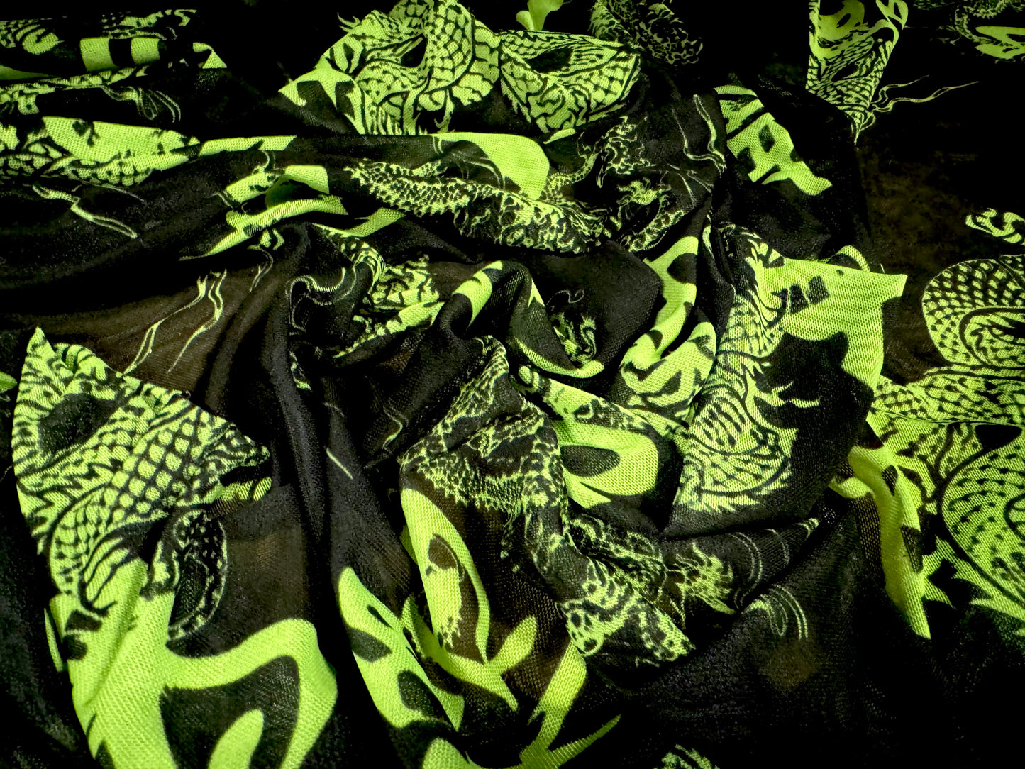 Power mesh net stretch spandex fabric, per metre - Year of the Dragon - black & green