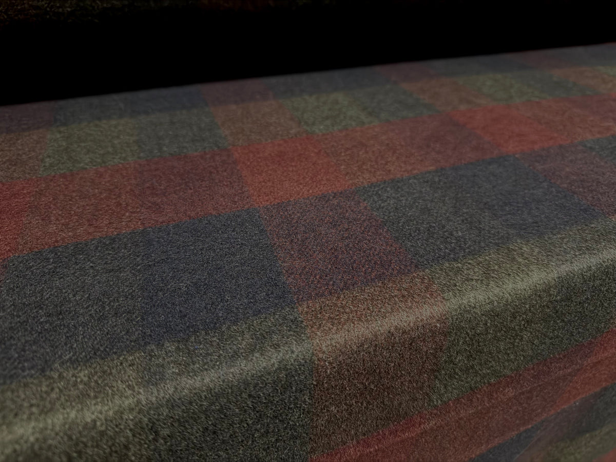 Heavyweight wool flannel coat jacket fabric, per metre - Buffalo check - dark navy burgundy & grey