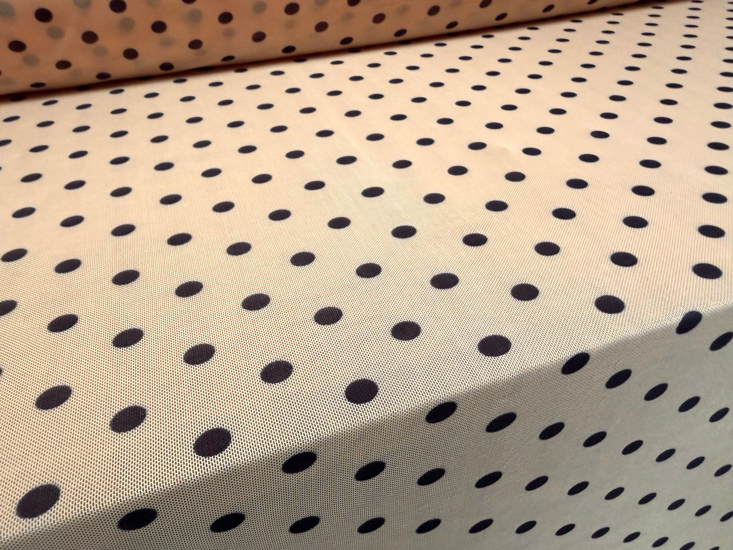 Power mesh net stretch spandex fabric, per metre - polka dot print - pink & indigo