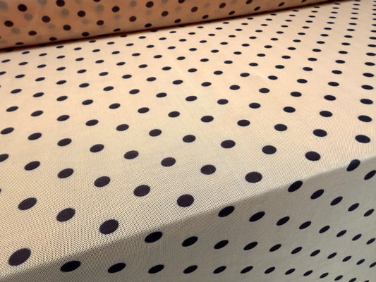 Power mesh net stretch spandex fabric, per metre - polka dot print - pink & indigo
