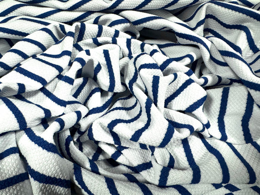 Textured double jersey stretch spandex fabric, per metre - stripe - white & navy blue