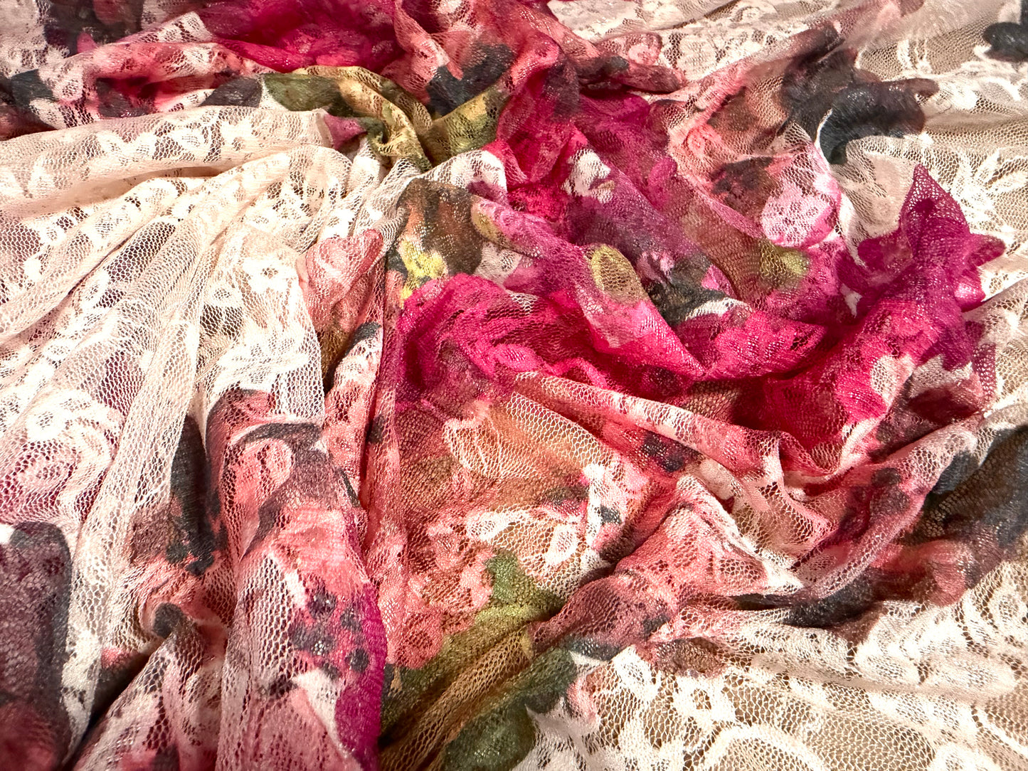 Stretch spandex mesh lace fabric, per metre - floral print - blush & cerise pink