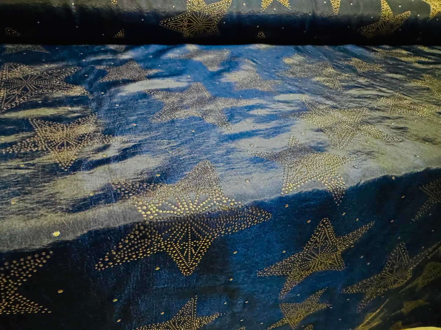 Taffeta faux silk fabric - metallic stars print - navy blue & gold