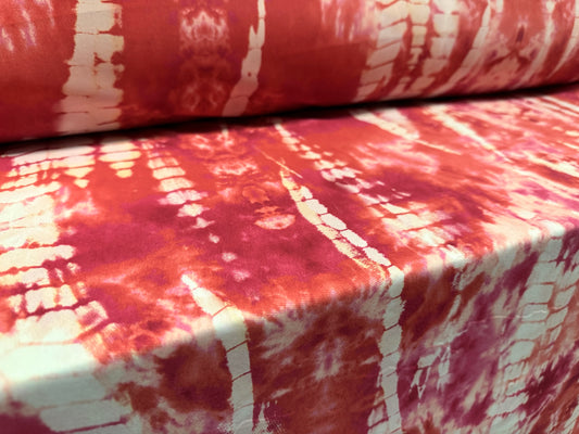 Matt swimwear stretch spandex jersey fabric, per metre - stylised crocodile print - raspberry & coral