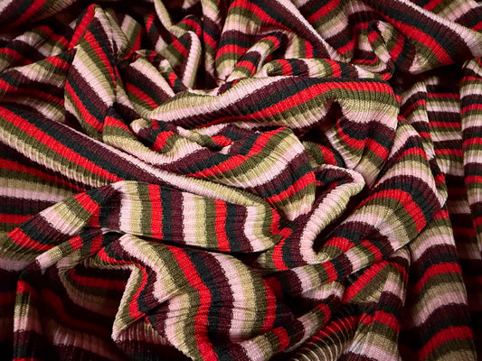 Stretch Spandex rib jersey fabric, per metre - stripe - burgundy pink & olive