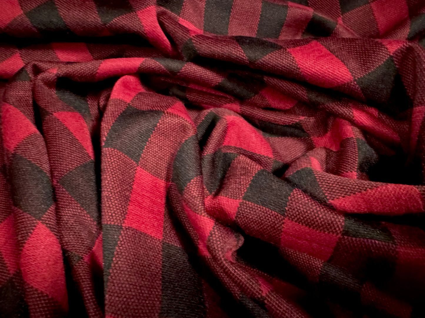 Stretch double jersey knit fabric, per metre - buffalo check - wine & black