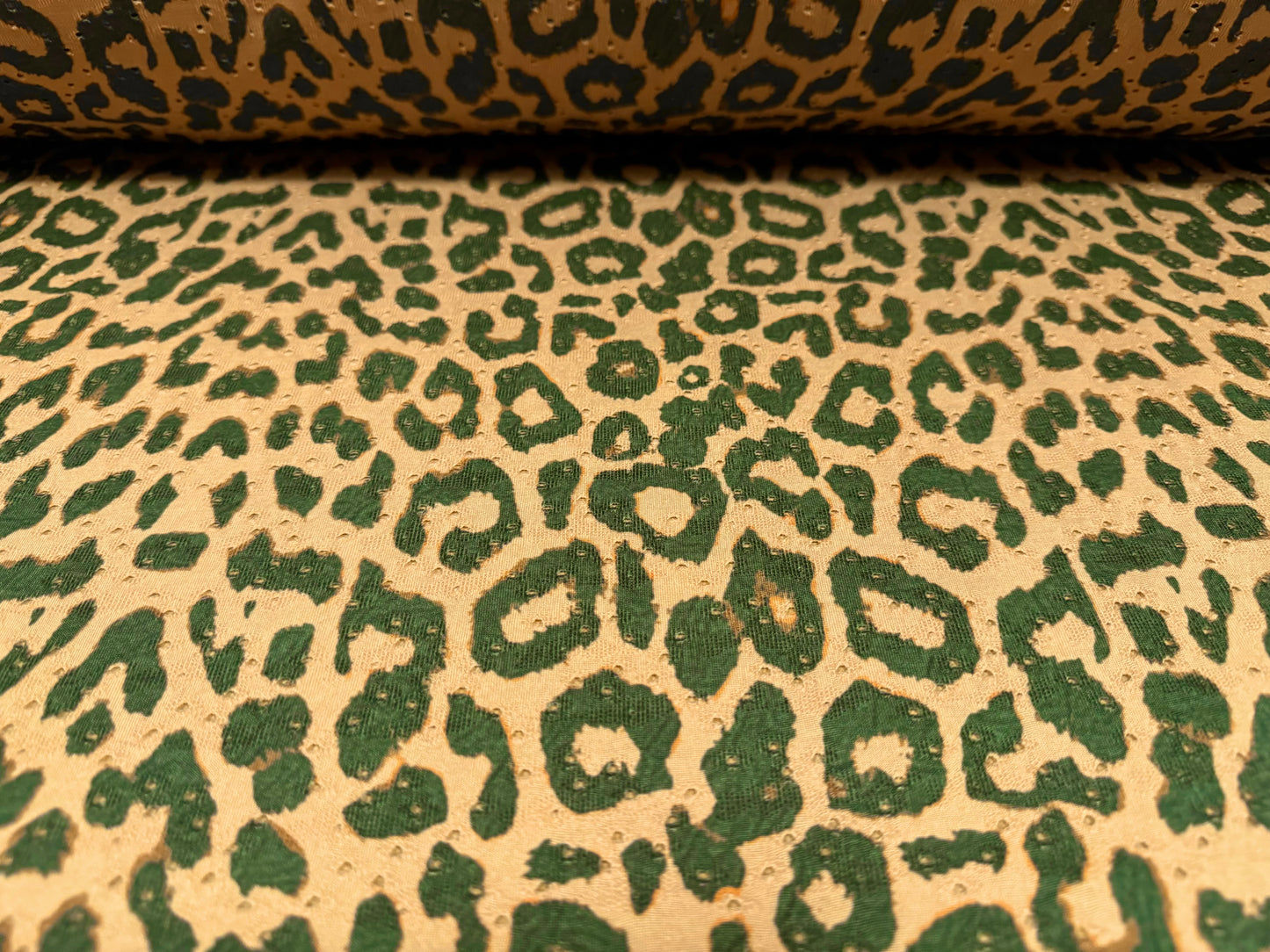 Broderie anglaise stretch spandex jersey fabric, per metre - cheetah animal print - toffee brown