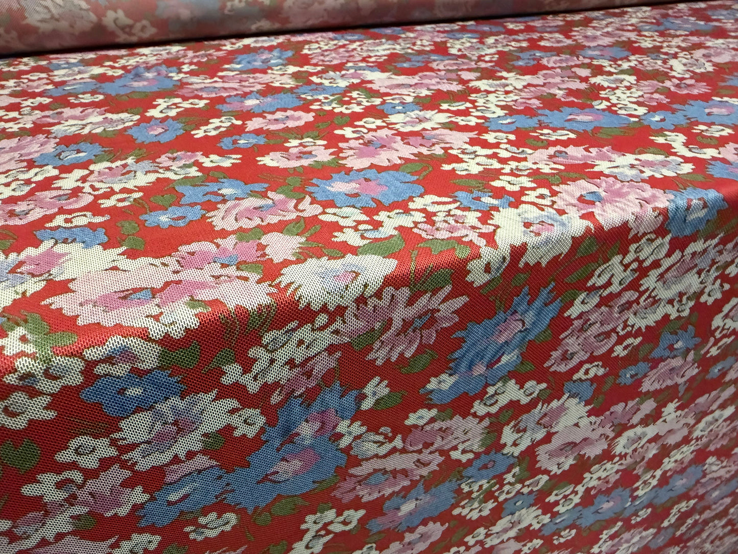 Power mesh net stretch spandex fabric, per metre - flower print - red lilac & blue