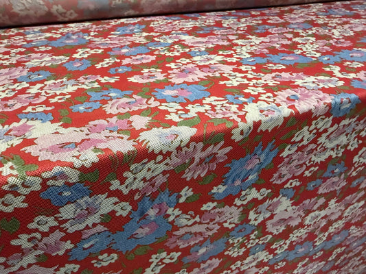 Power mesh net stretch spandex fabric, per metre - flower print - red lilac & blue